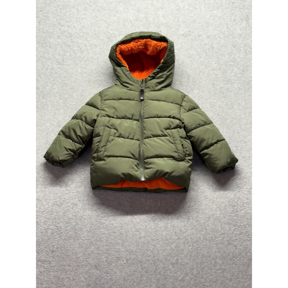 Ozark Trail Baby Puffer Jacket Olive Green Orange Fleece Lined Hooded Coat 12M